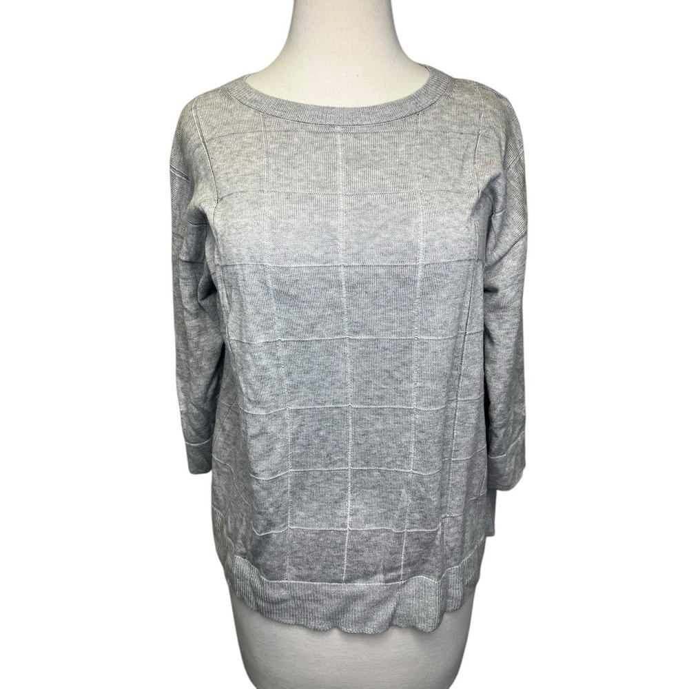 Lafayette 148 Gray Half Sleeve Sweater Medium Grid Pattern Cotton Wool Blend